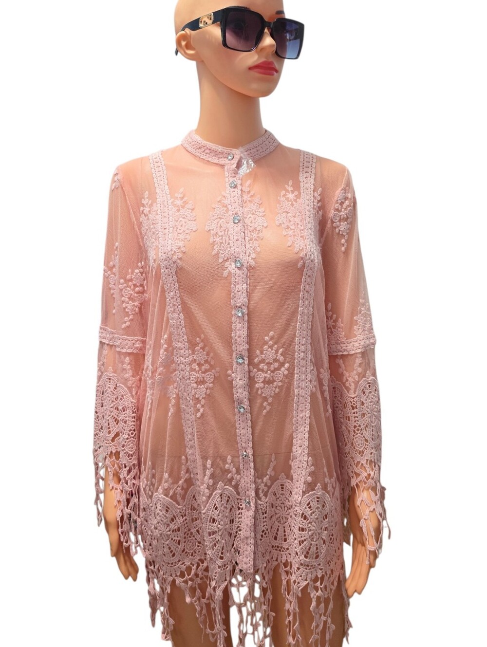 Roaman's Pink Sheer Mesh Bohemian Crochet Button Front Resortwear Tunic Top 12W